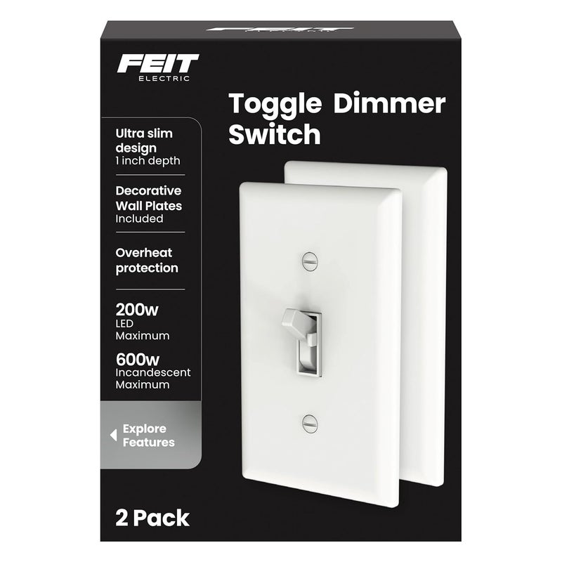 Feit Electric Toggle Dimmer with Light Switch for Dimmable LED Light Bulbs, Single Pole or 3-Way, Wall Plate and Wire Nut Installation Included, DIM/Toggle/2, 2 Pack - Image 1